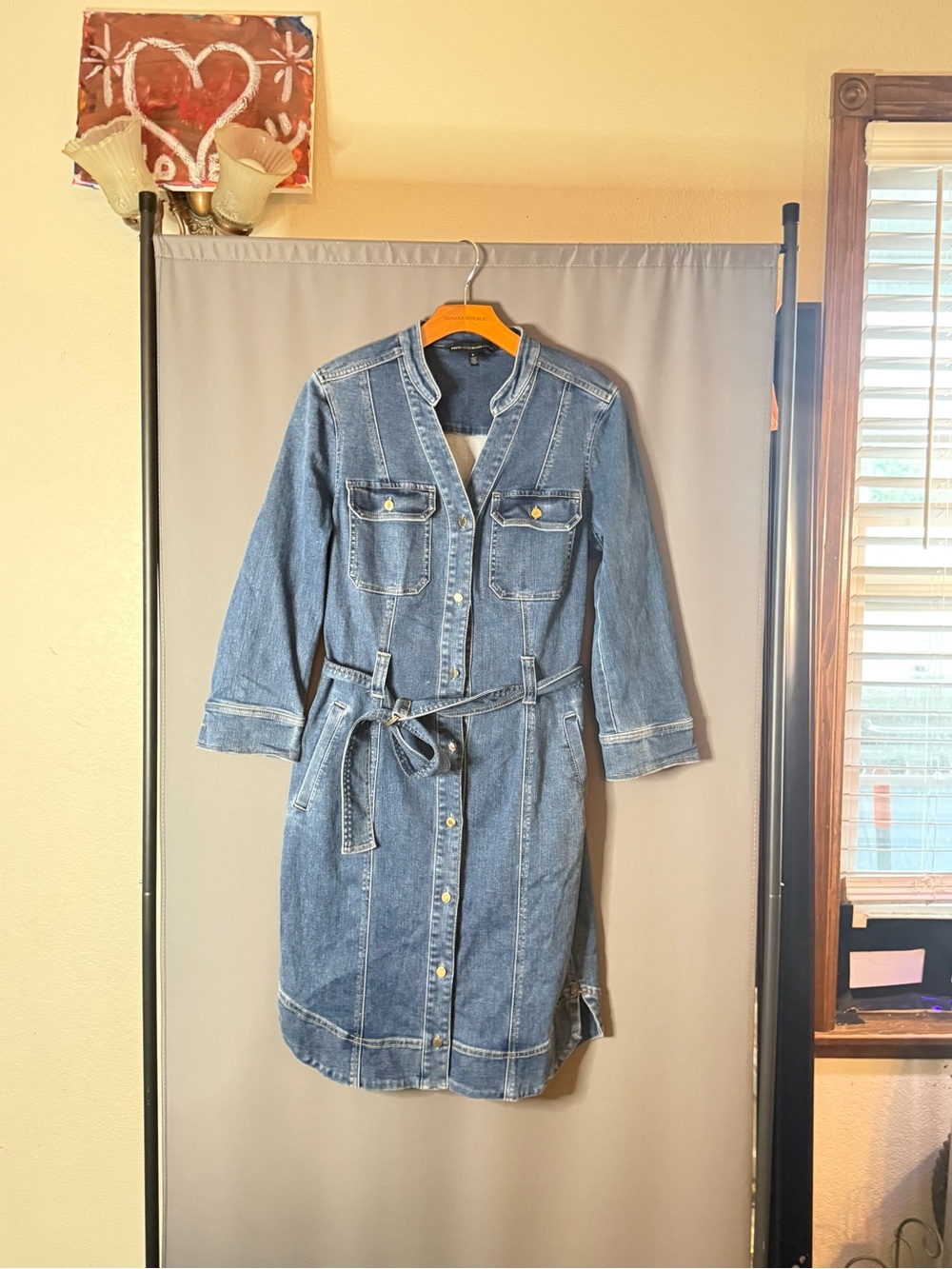 White House Black Market Indigo Denim Shirt Dress with Waist Tie